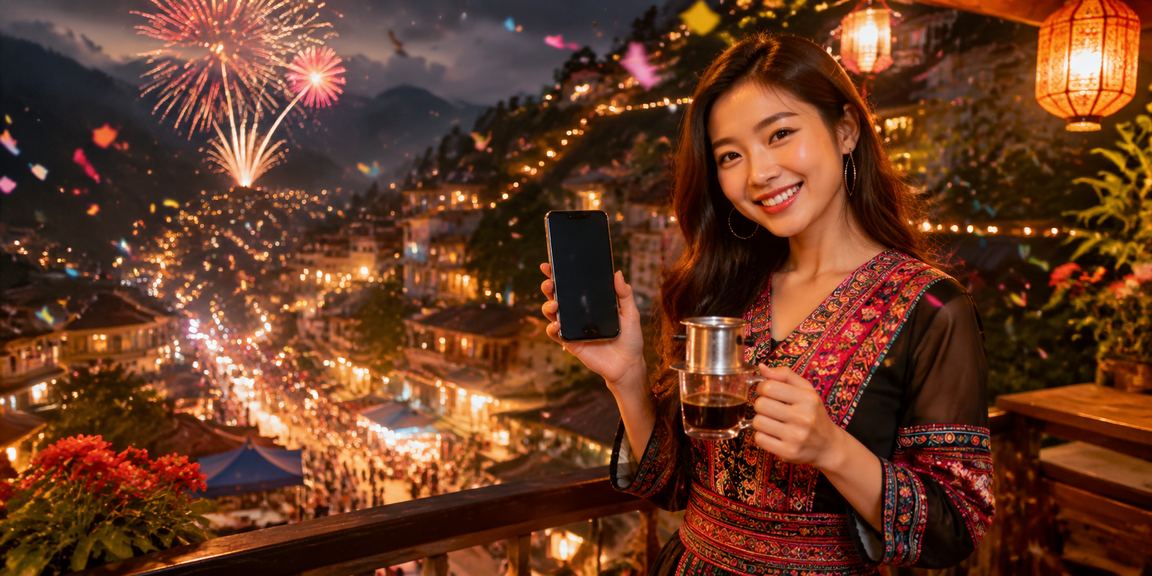 Người dùng đăng nhập ứng dụng casino trên điện thoại tại Sapa bên tách cà phê